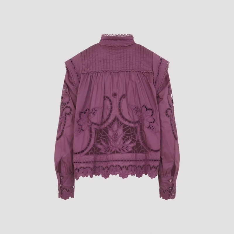 Farm Rio Blouse Lace-Embellished Purple Cotton Long-Sleeved Top Pink