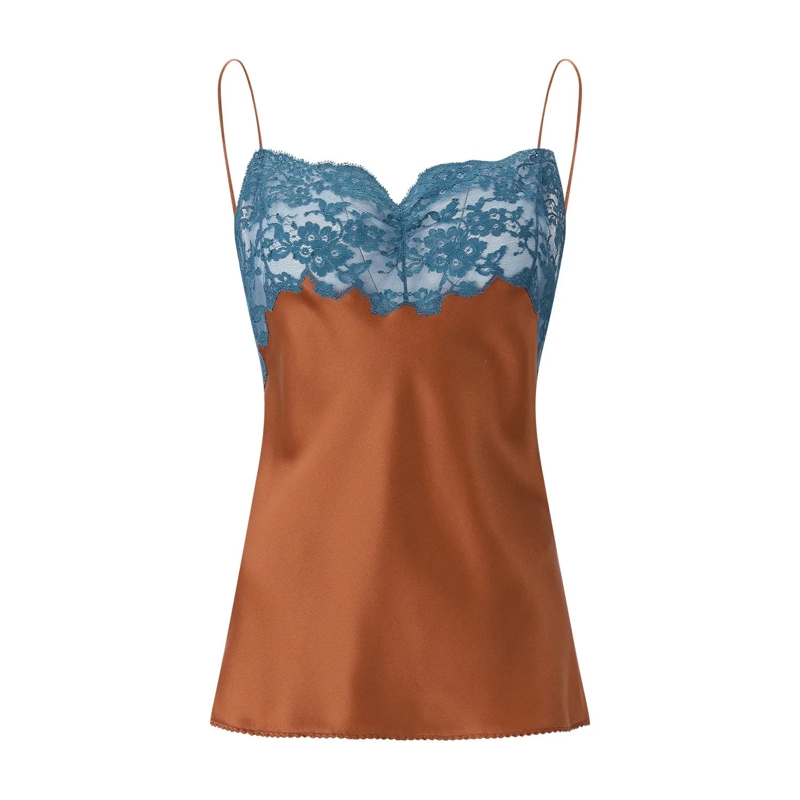 Saint Laurent Top Spitzen-Top aus Seidensatin braun