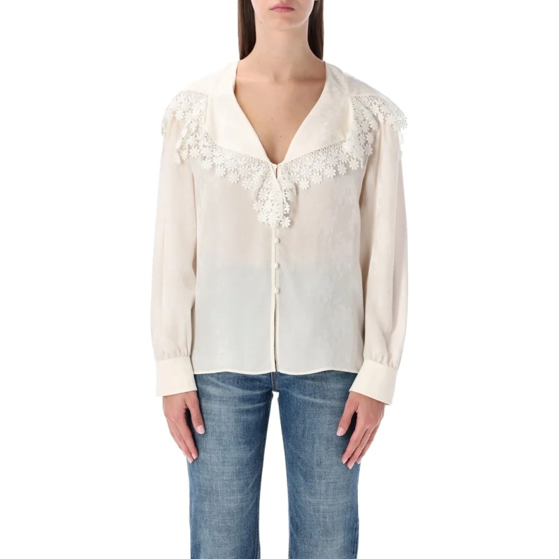 Chloé Blouse Chloé Floral Lace-Trim Jacquard Silk Blouse White