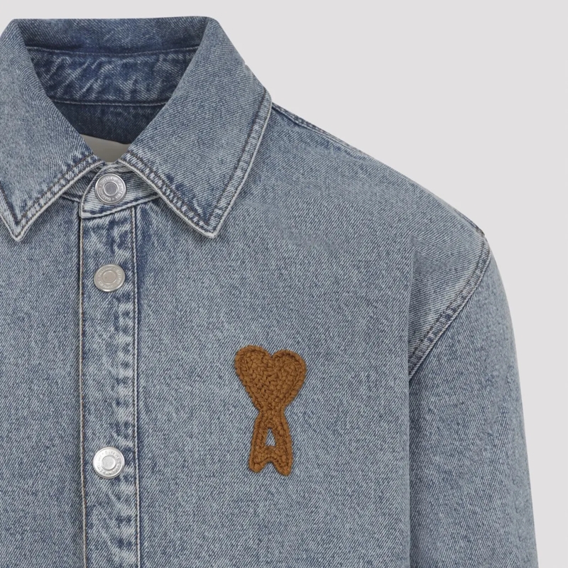 AMI Paris Hemd Denim Shirt With Classic Collar And Embroidered He Grey(Image 7)