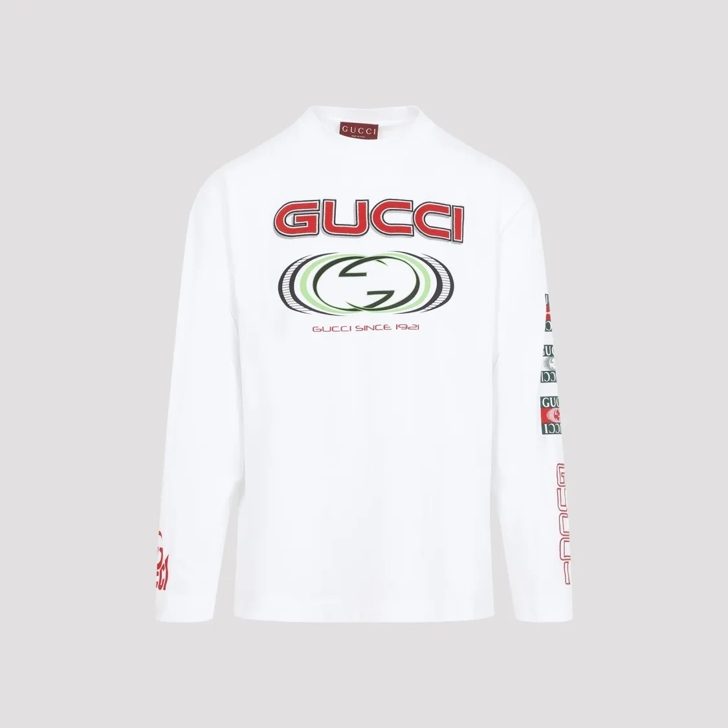 Gucci White Cotton Printed Logo T Shirt White Topjes met lange mouwen