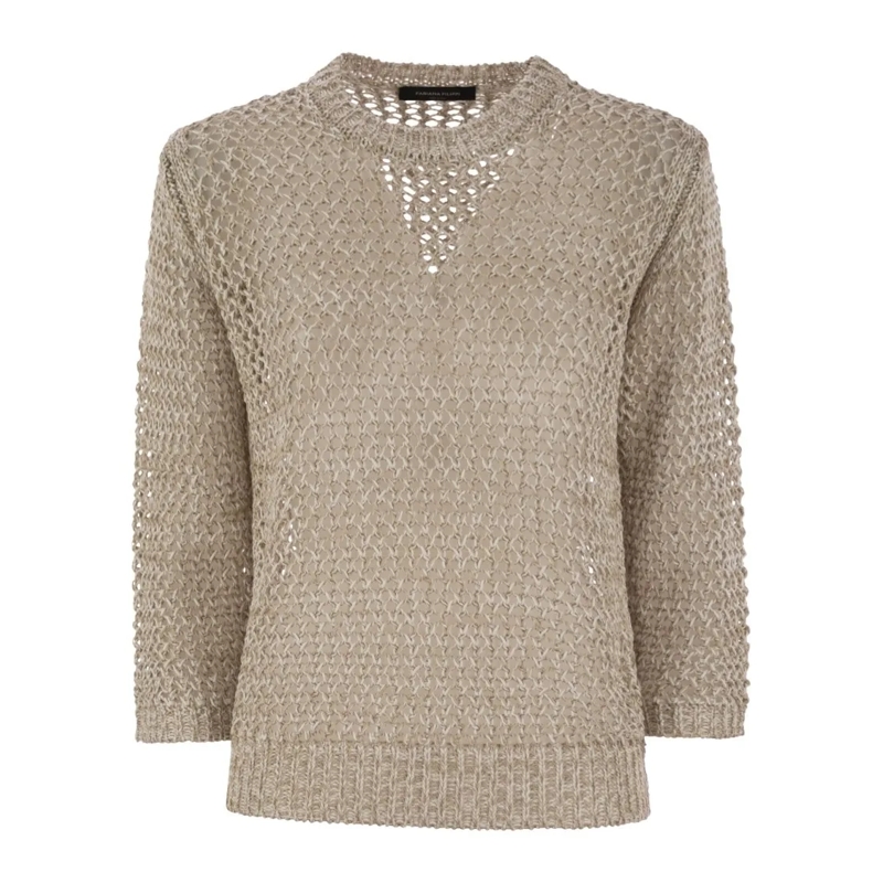 Fabiana Filippi Pull 3/4 Sleeve Striped Crochet-Stitch Cotton Sweater Neutrals