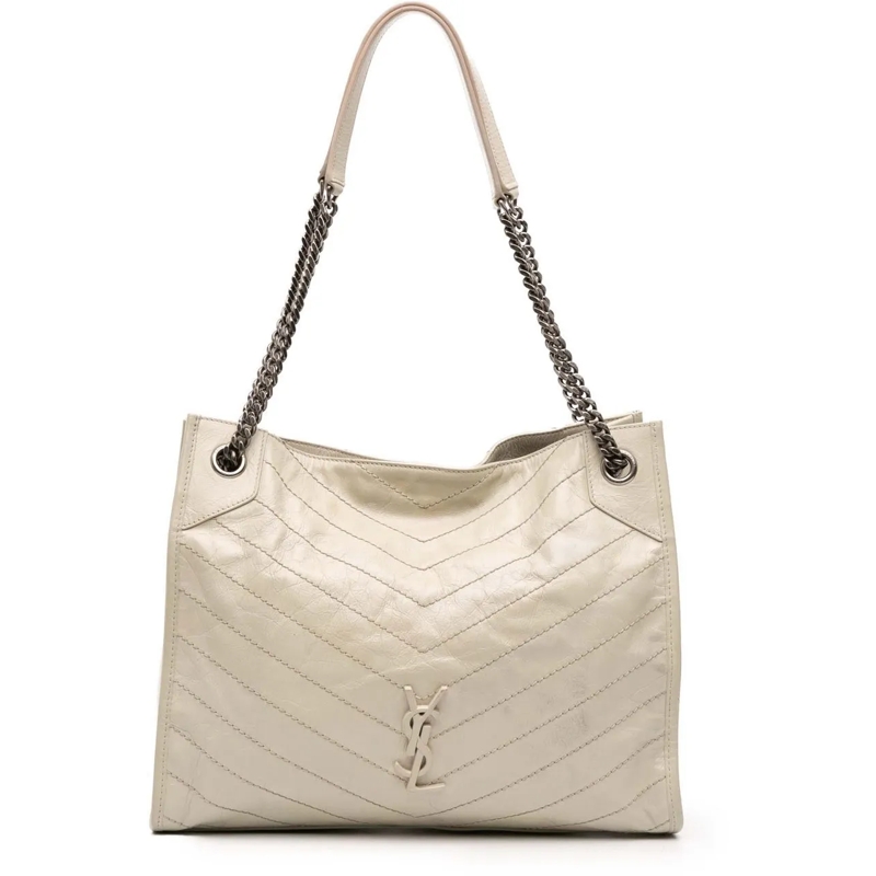 Saint Laurent Shopper Medium Crinkled Calfskin Monogram Niki Shopper Tot weiß