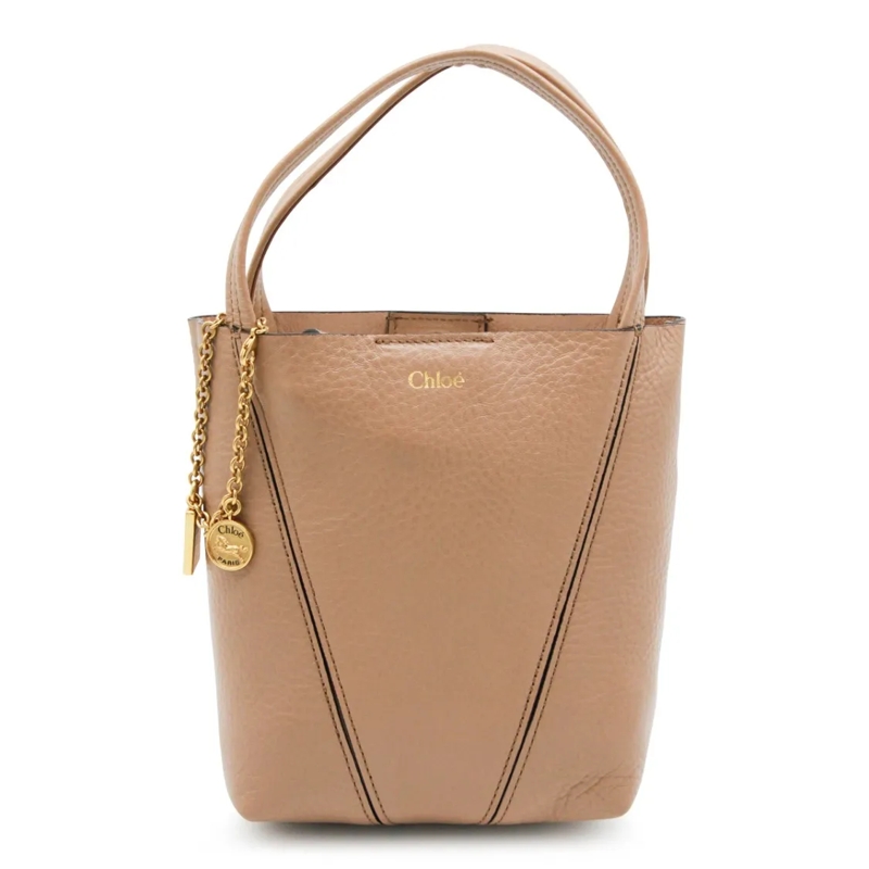 Chloé Tote Structured Beige Leather Spin Tote With Charms Neutrals