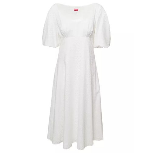 Kenzo White Puff Sleeve Embroidered Midi Dress In Cotton White 