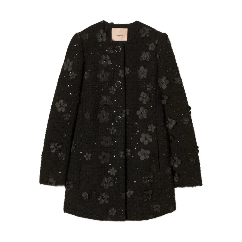 Twin-Set Manteau d'hiver Textured Black Coat With Floral Appliqués Black