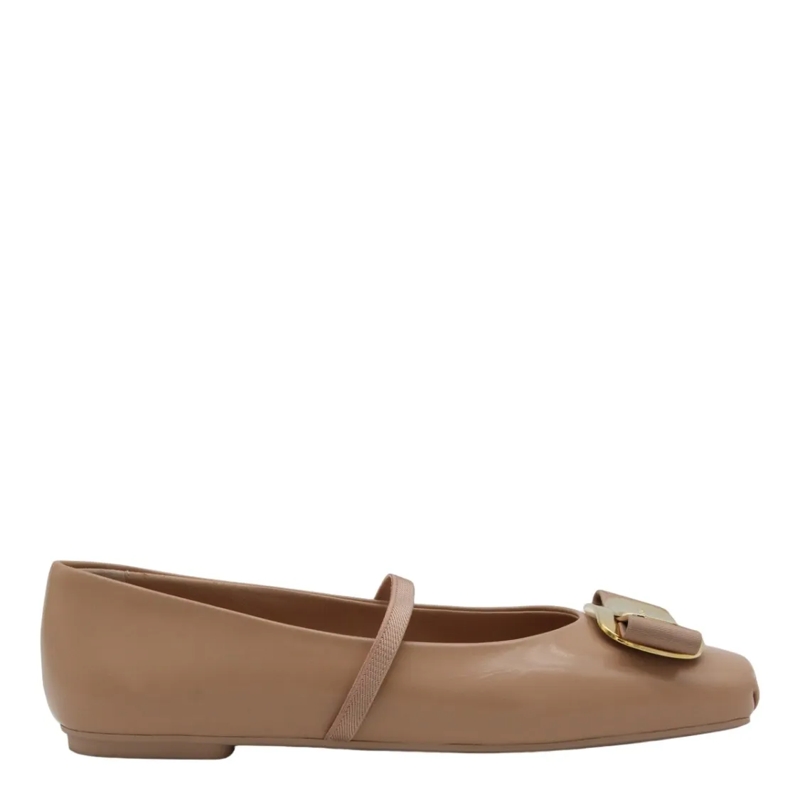 Salvatore Ferragamo Ballerines Beige Leather Flats With Decorative Buckle Brown