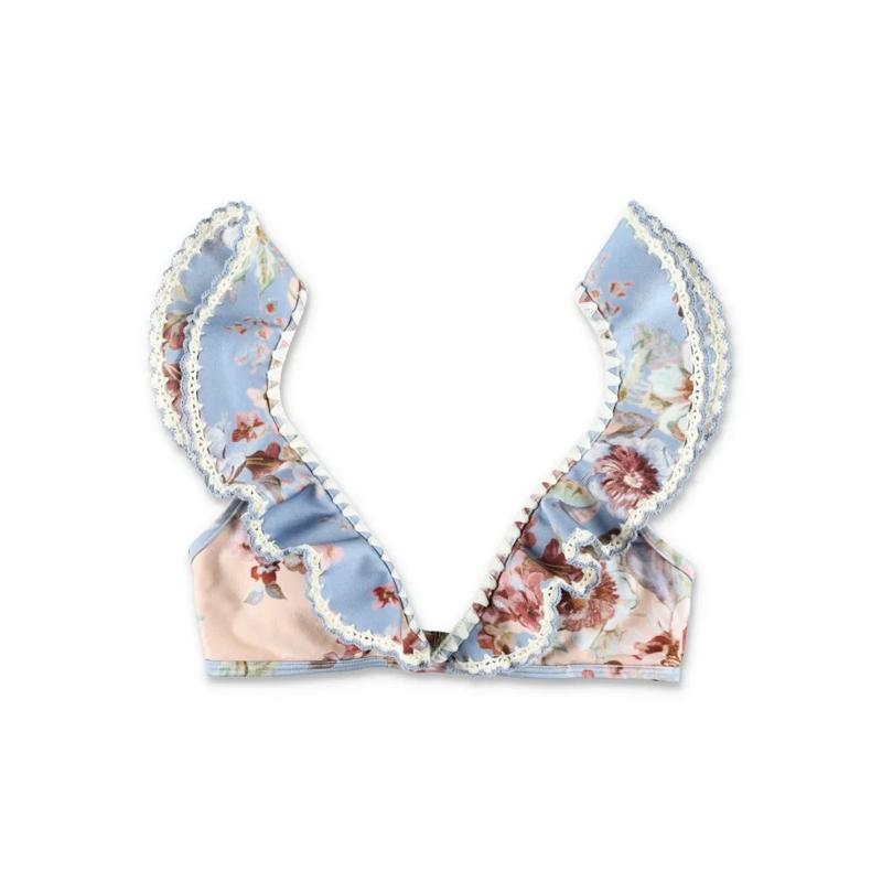 Zimmermann  Floral Ruffled Triangle Bikini Top Blue