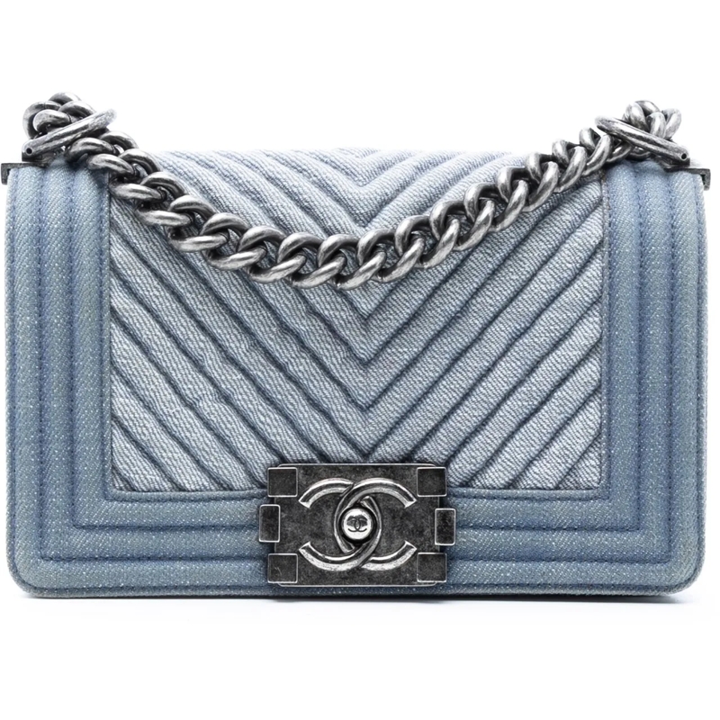 Chanel Schultertasche Small Chevron Denim Boy Flap blau