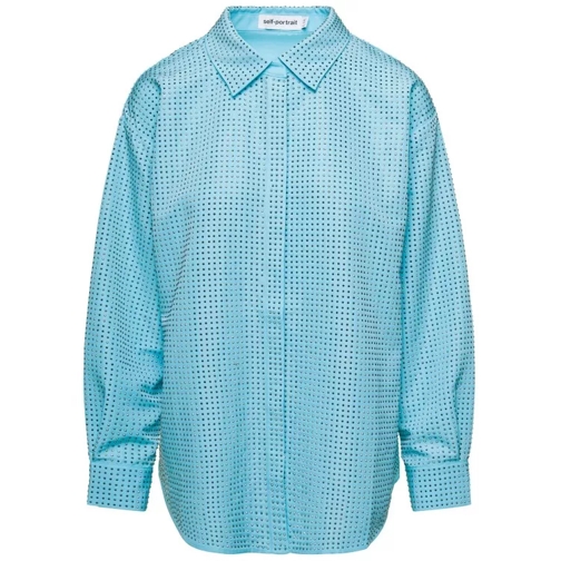 Self Portrait Shirt With All-Over Crystal Embellishment In Light Blue 