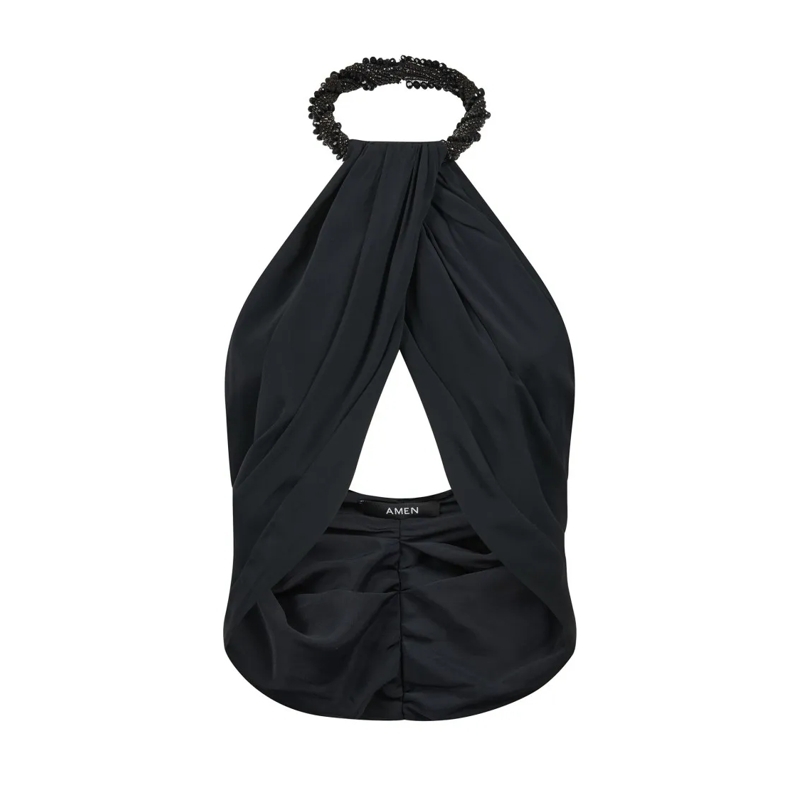 Amen Elegantes Top Asymmetric Black Jersey Top With Beaded Embroidery Black