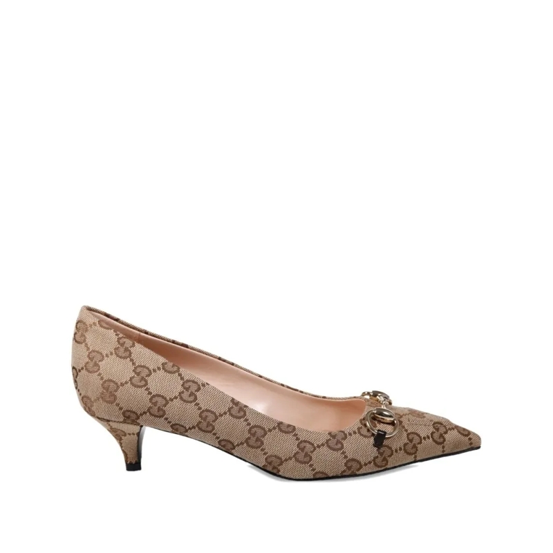 Gucci Pumps Beige Canvas Pointed-Toe Kitten Heels Neutrals