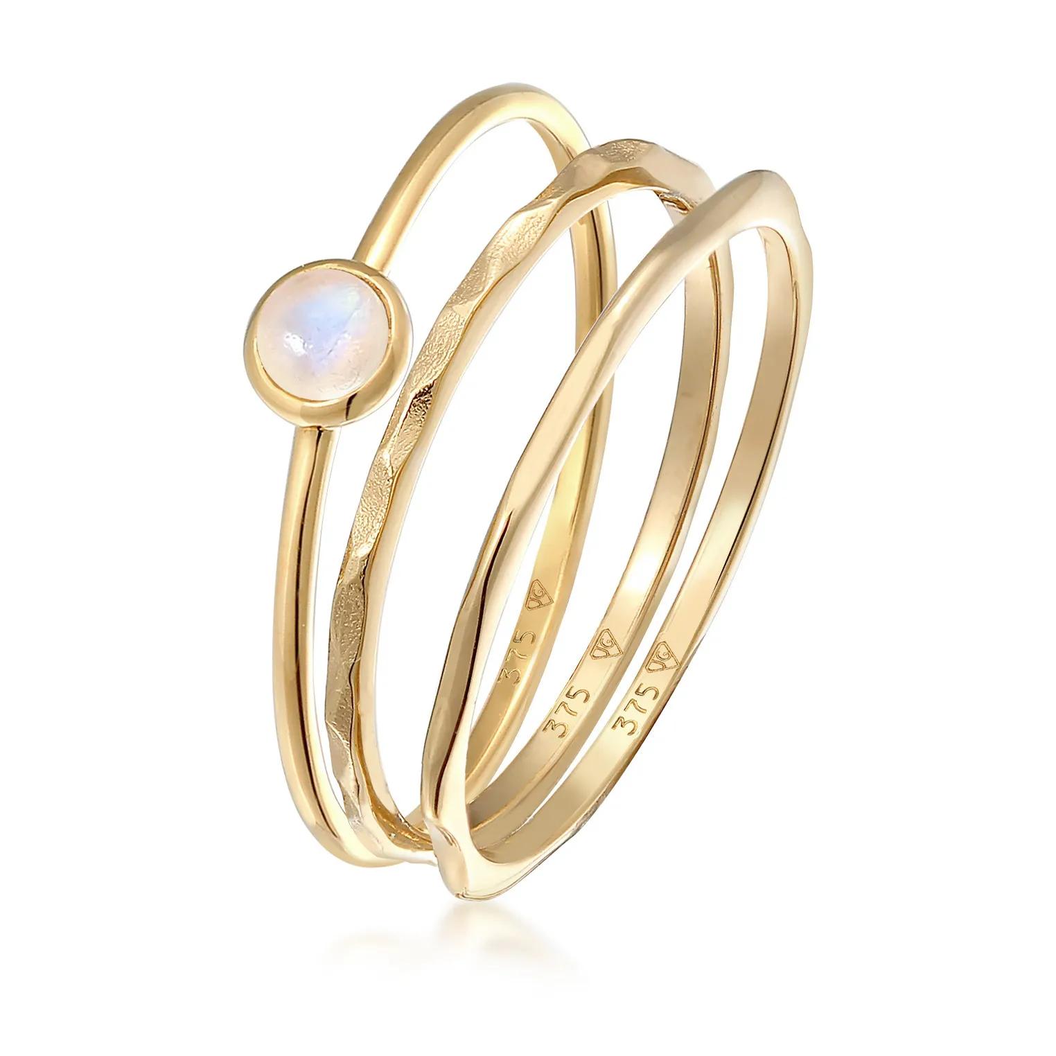 Elli Ringe - Ring Solitär Mondstein 3er Ring Set 375 Gelbgold - Gr. 54 MM - in Gold - für Damen