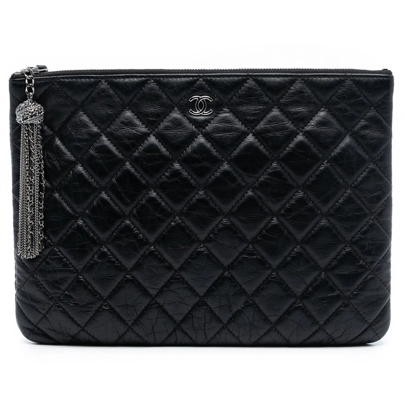 Chanel Clutch Medium Quilted Aged Calfskin Chain Tassel O Case C schwarz