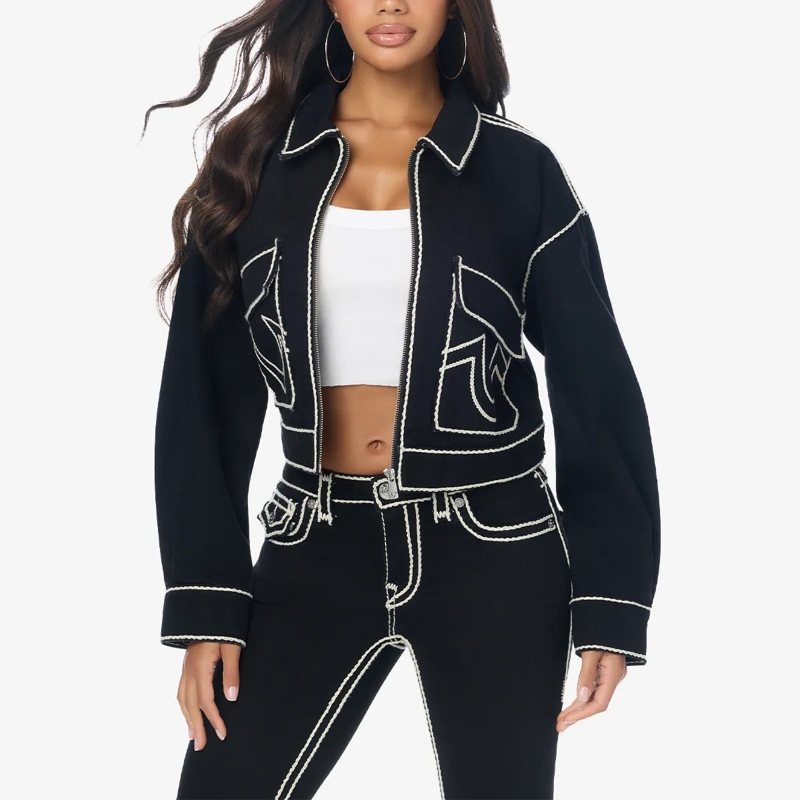 True Religion Jeansjacke - Gerader Schnitt- Verkürzte Form- Weiße Ziernäh schwarz(Image 5)