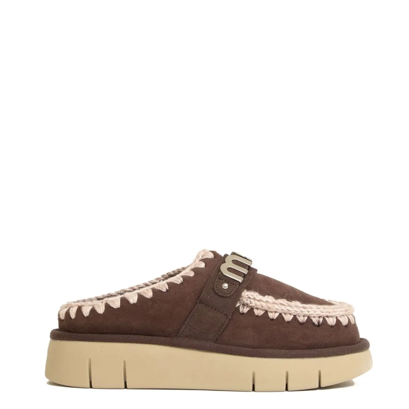 Mou Mules Bounce Clog With Metal Logo And Shearling Insole Brown