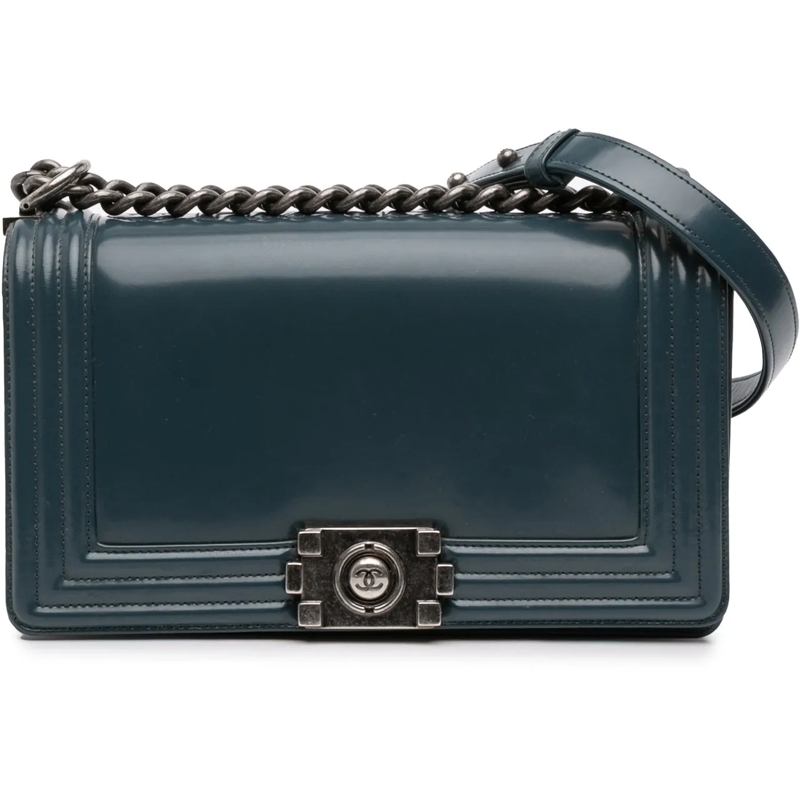 Chanel Schultertasche Old Medium Glazed Calfskin Boy Flap blau