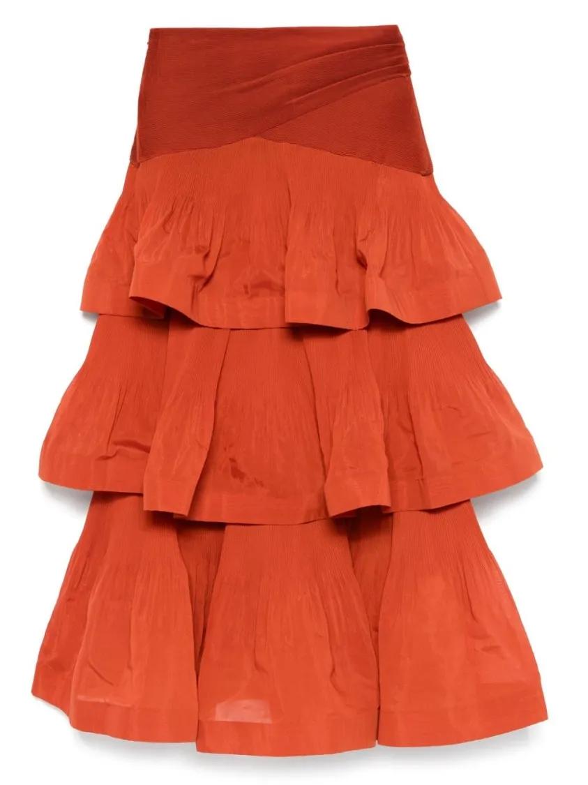 Thumbnail - Zimmermann - Ruffled Brick Red Maxi Skirt With Flared Hem And D - Größe 2 - rot