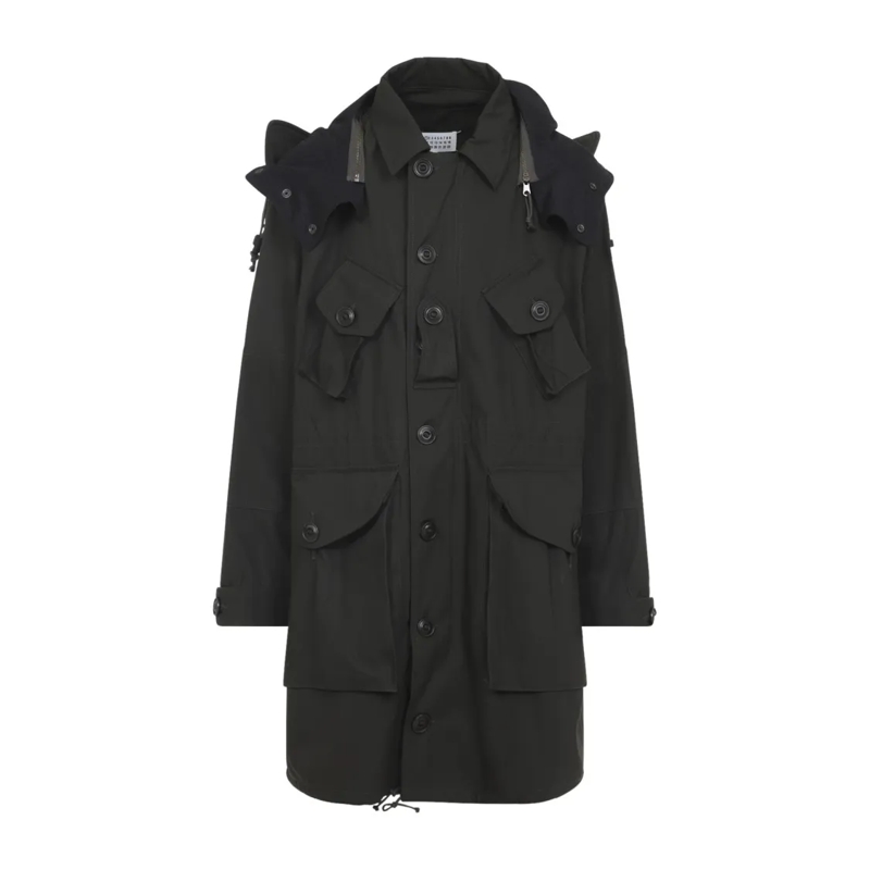 Maison Margiela Wintermantel Structured Button-Up Coat With Detachable Hood And Black