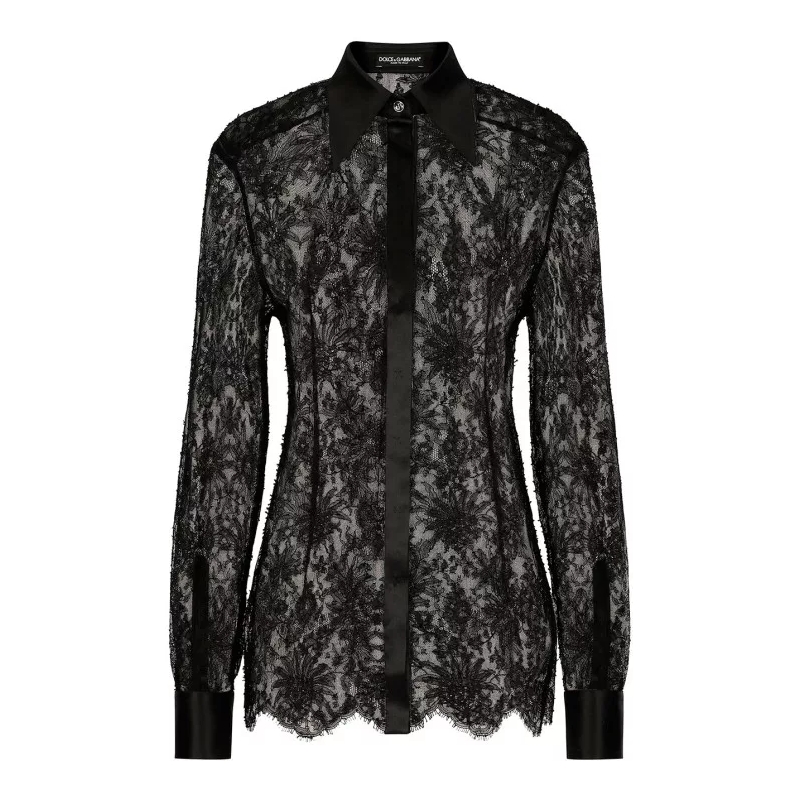 Dolce&Gabbana Chemisier Black Slim Shirt With Satin Details In Chantilly L Black