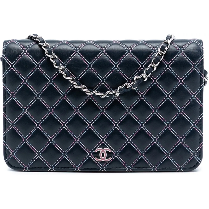Chanel Schultertasche CC Quilted Lambskin Double Stitch Wallet On Chain blau