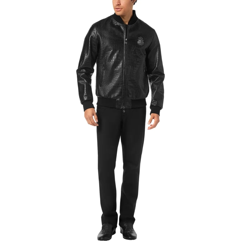 BILLIONAIRE Lederjacke Leder-Bomber Cocco Crocco Geprägt schwarz(Image 3)