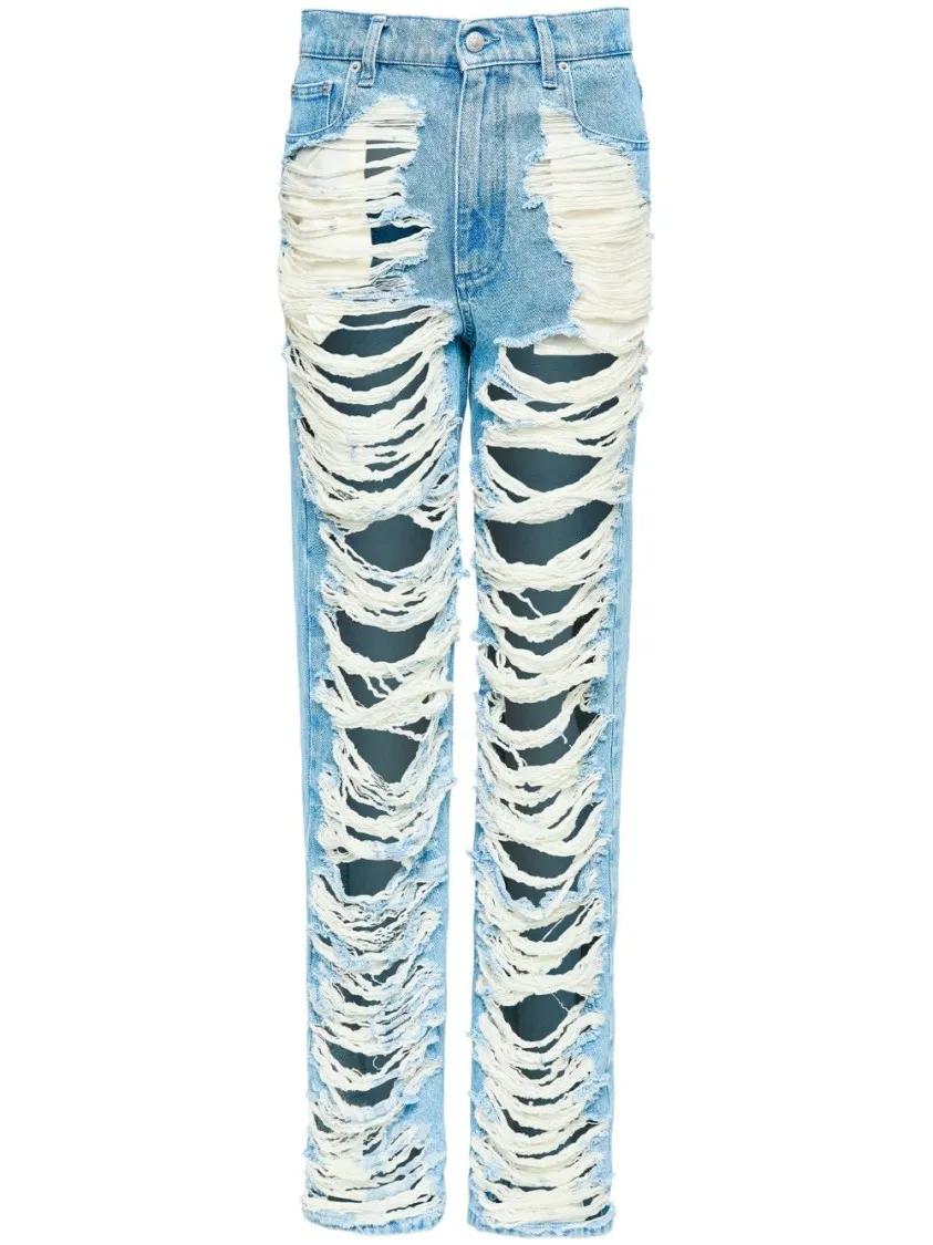 Thumbnail - MM6 Maison Margiela - Distressed Light Blue Jeans With Signature Numbers - Größe 27 - blau