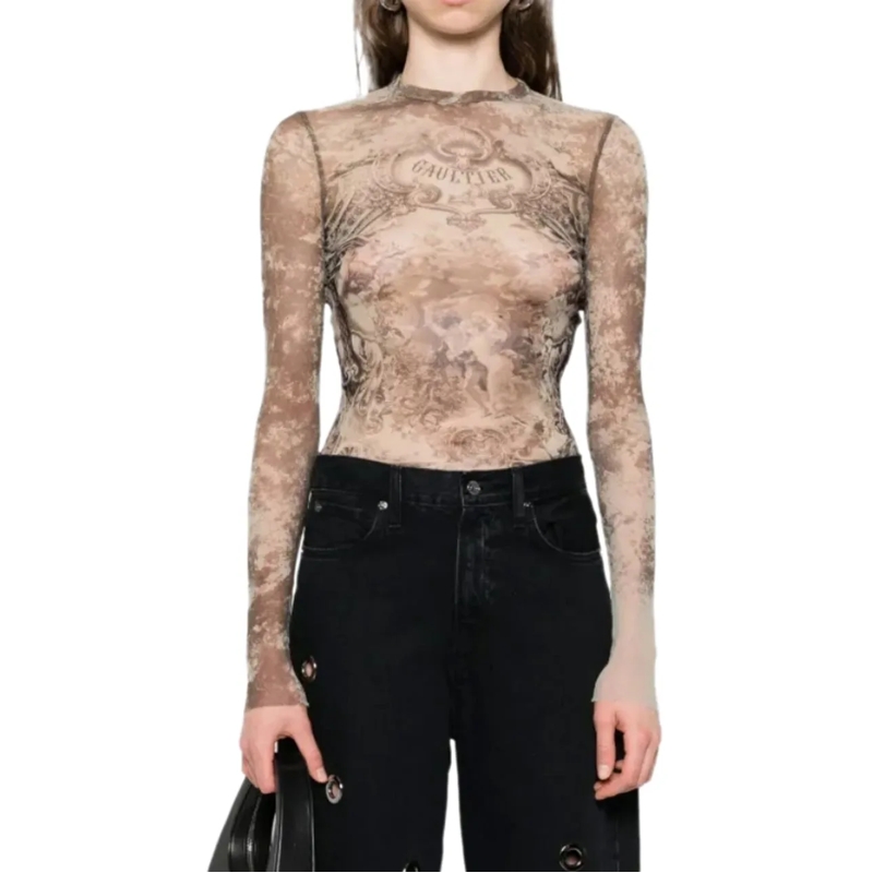Jean Paul Gaultier T-Shirt Mesh Long Sleeves Top Printed "medaillon" Lightbei beige