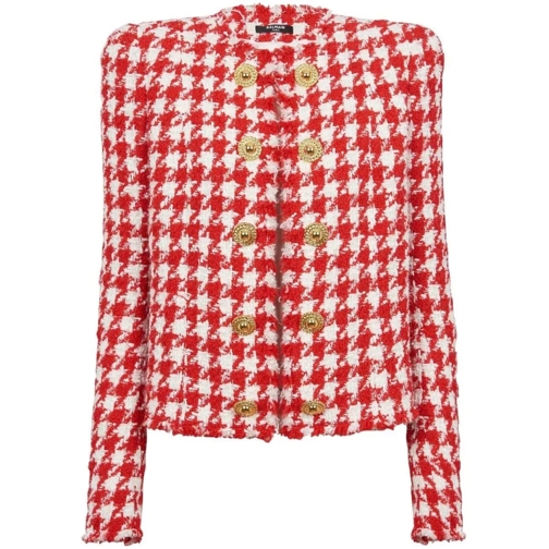 Balmain Übergangsjacke Houndstooth Tweed Jacket Red