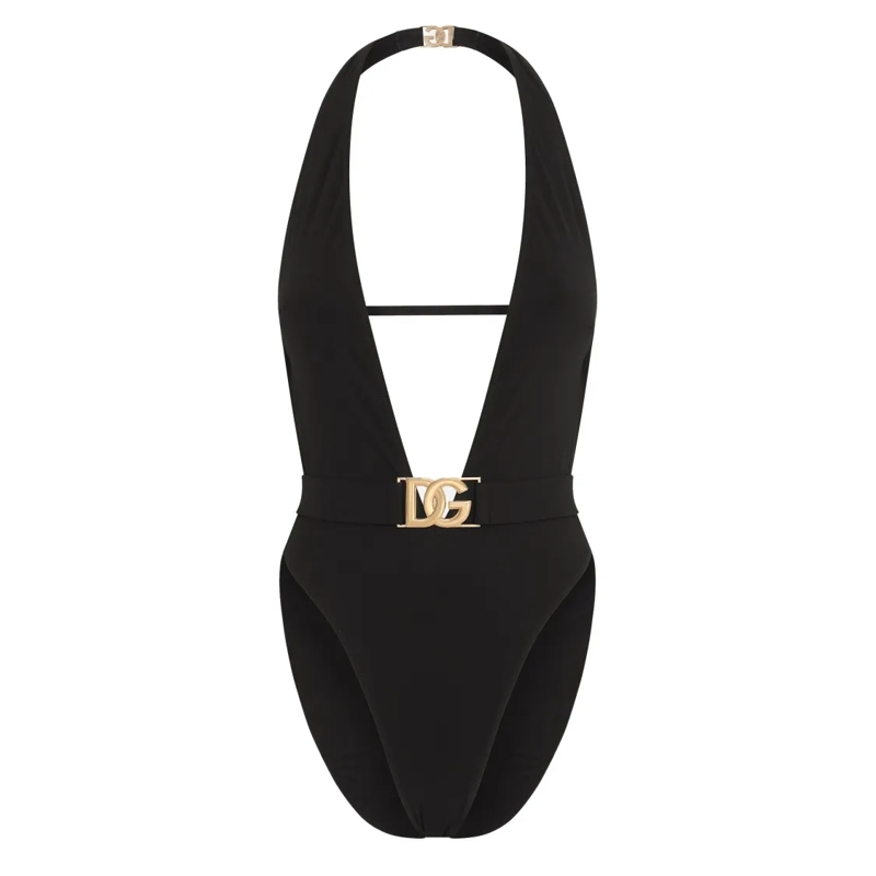 Dolce&Gabbana  V-Neck Halter Black Swimsuit Black
