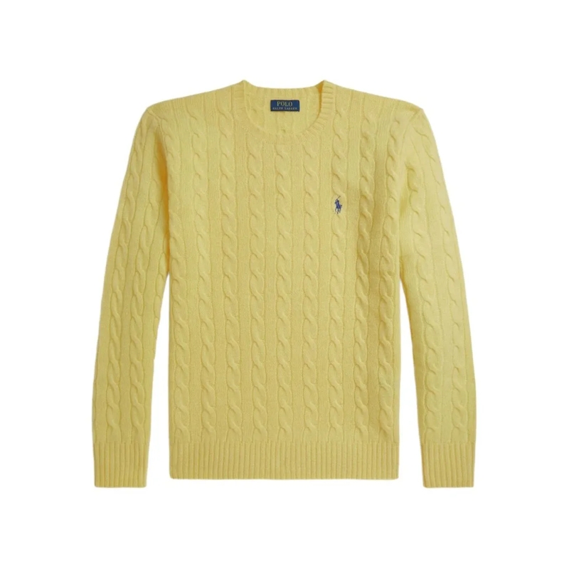 Polo Ralph Lauren Pullover Cable-Knit Wool Cashmere Sweater With Classic Crew Yellow