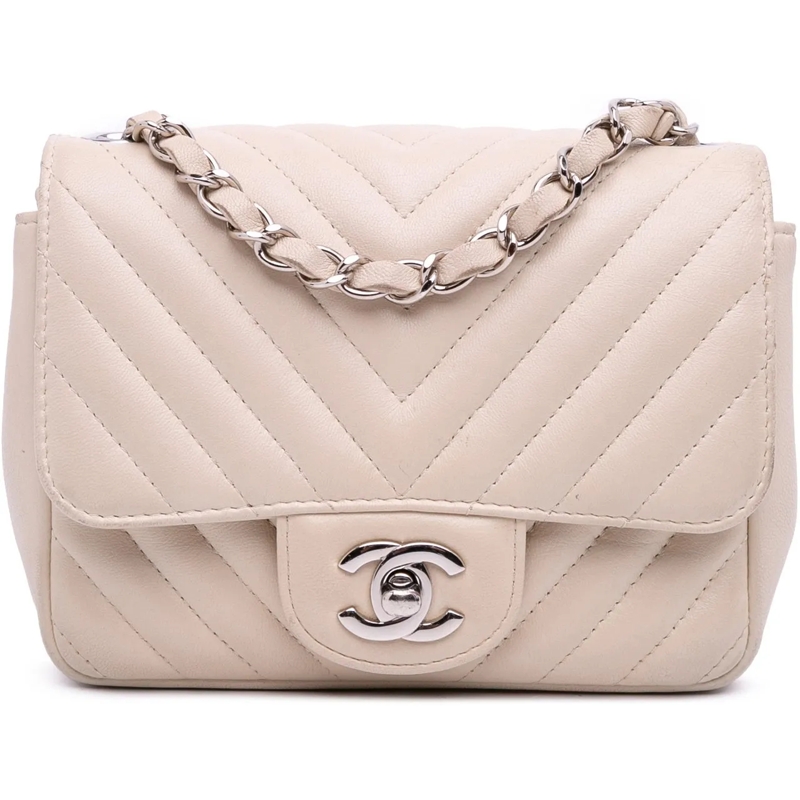Chanel Sac à bandoulière Mini Square Classic Chevron Lambskin Single Flap weiß