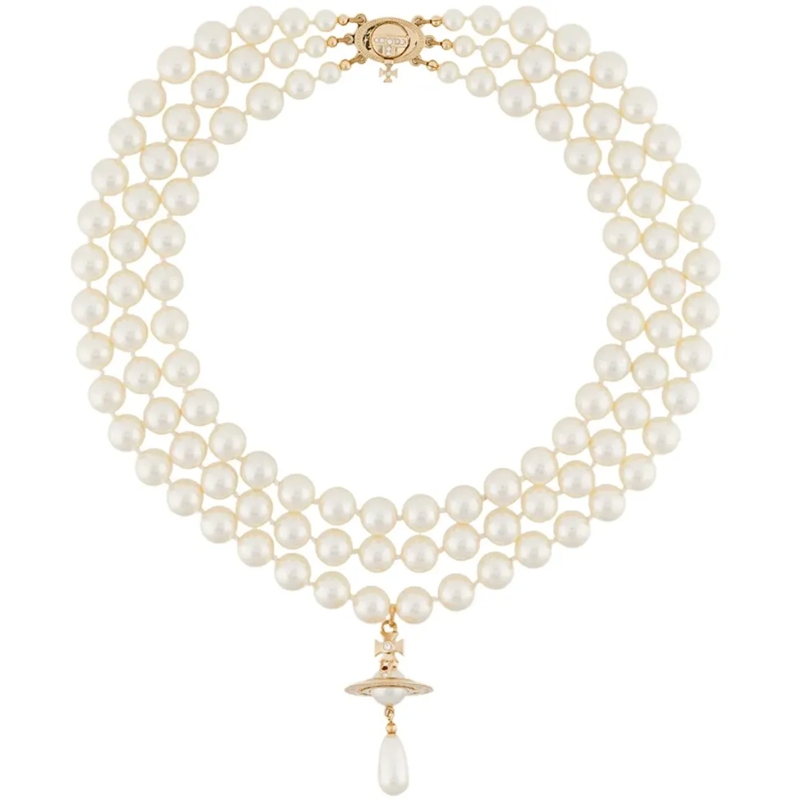 Vivienne Westwood Mittellange Halskette Three Row Pearl Drop Choker Gold Pearl Multi mehrfarbig