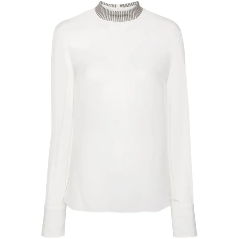 Brunello Cucinelli Langärmeliges Oberteil Long-Sleeve Top With High Neckline And Shimmering  White