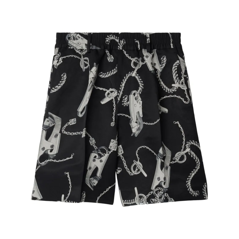 Burberry Casual Shorts Knee-Length Chain-Link Print Shorts With Pleat Det Black