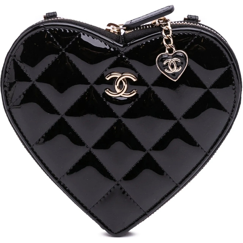 Chanel Sac à bandoulière Quilted Patent Calfskin CC Heart Clutch With Chain schwarz