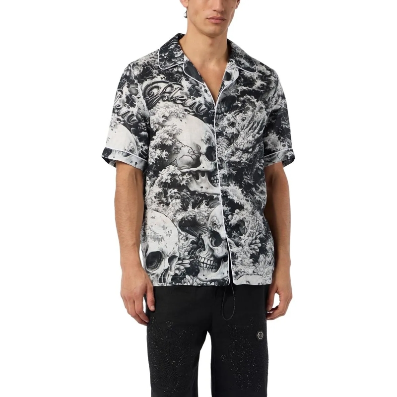 Philipp Plein Hemd Linen Bowling Shirt All-Over Ceramic schwarz(Image 3)