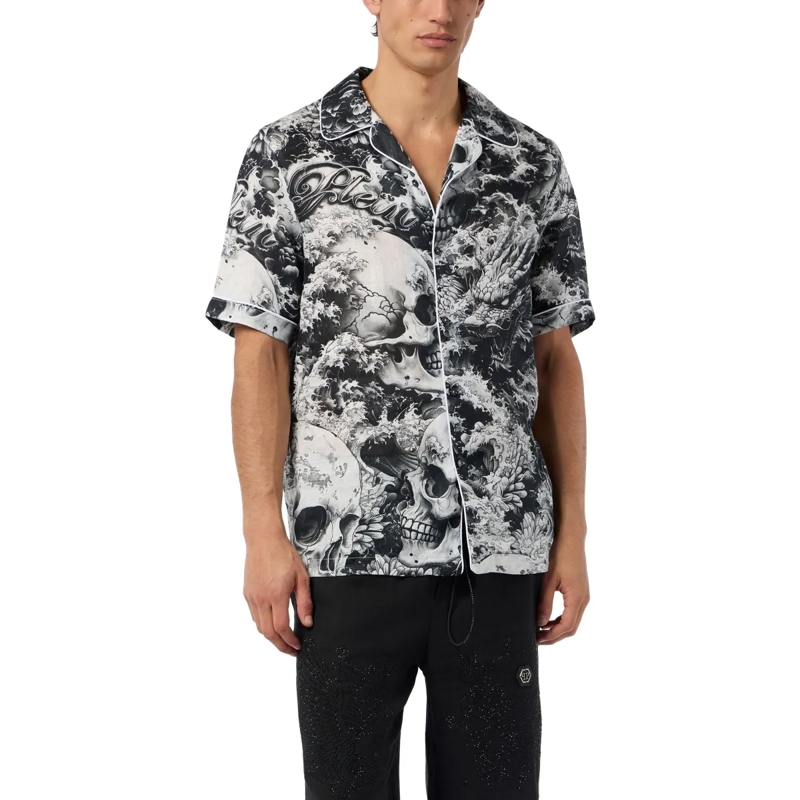 Philipp Plein Hemd Linen Bowling Shirt All-Over Ceramic schwarz(Image 3)