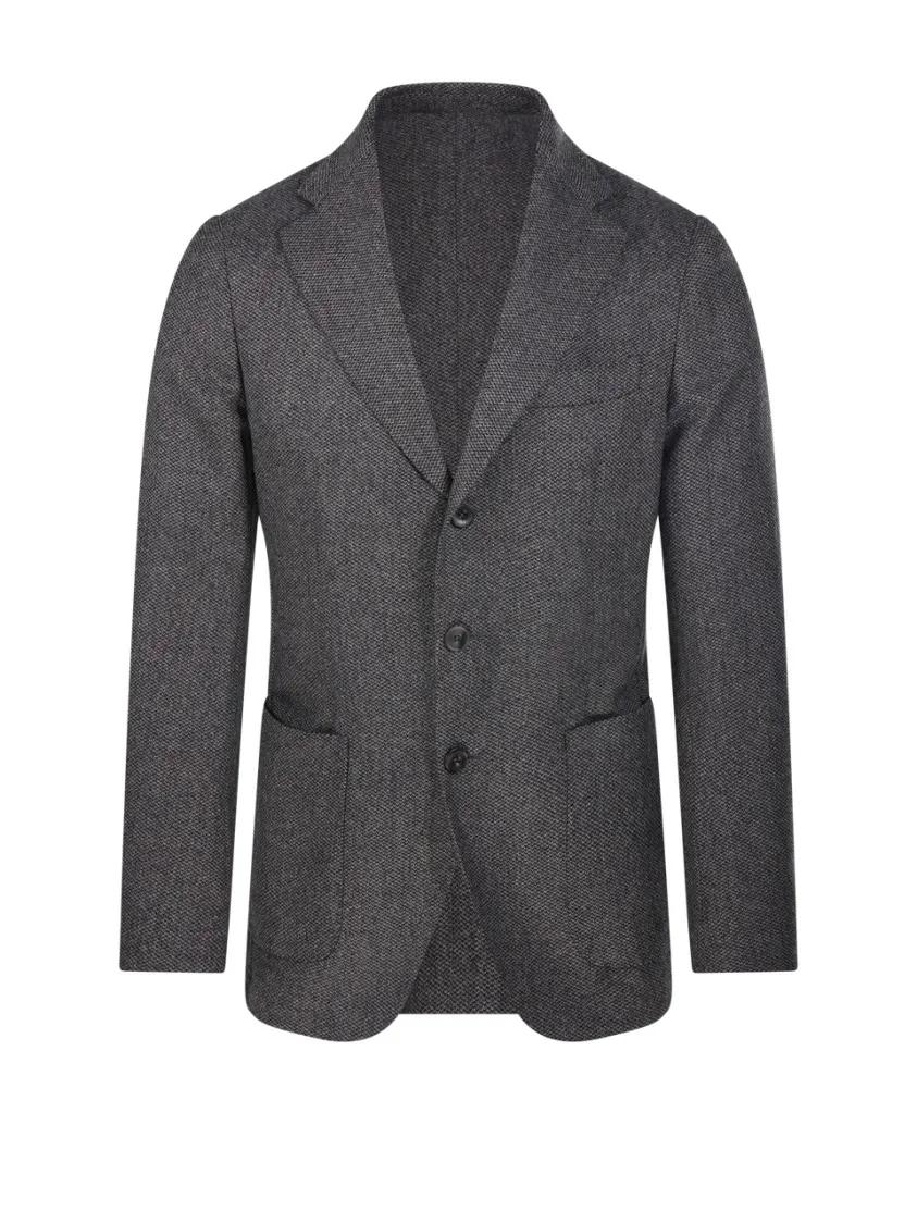 Thumbnail - SANTANIELLO - Herringbone Pattern Classic Tailored Jacket With N - Größe 54 - grau