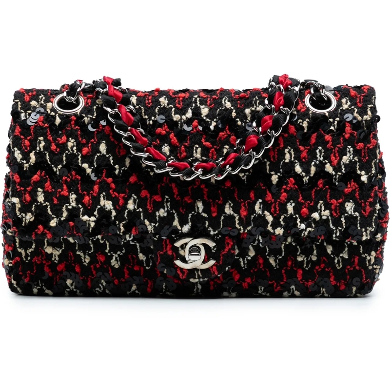 Chanel Sac à bandoulière Medium Classic Tweed Sequins Double Flap schwarz
