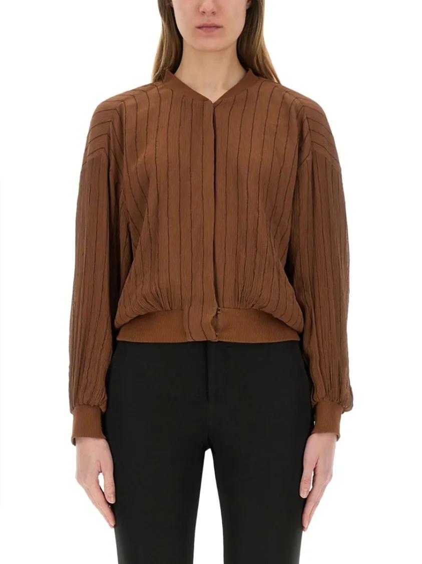 Thumbnail - Alysi - Textured Crinkled Silk Bomber Jacket - Größe 38 - braun