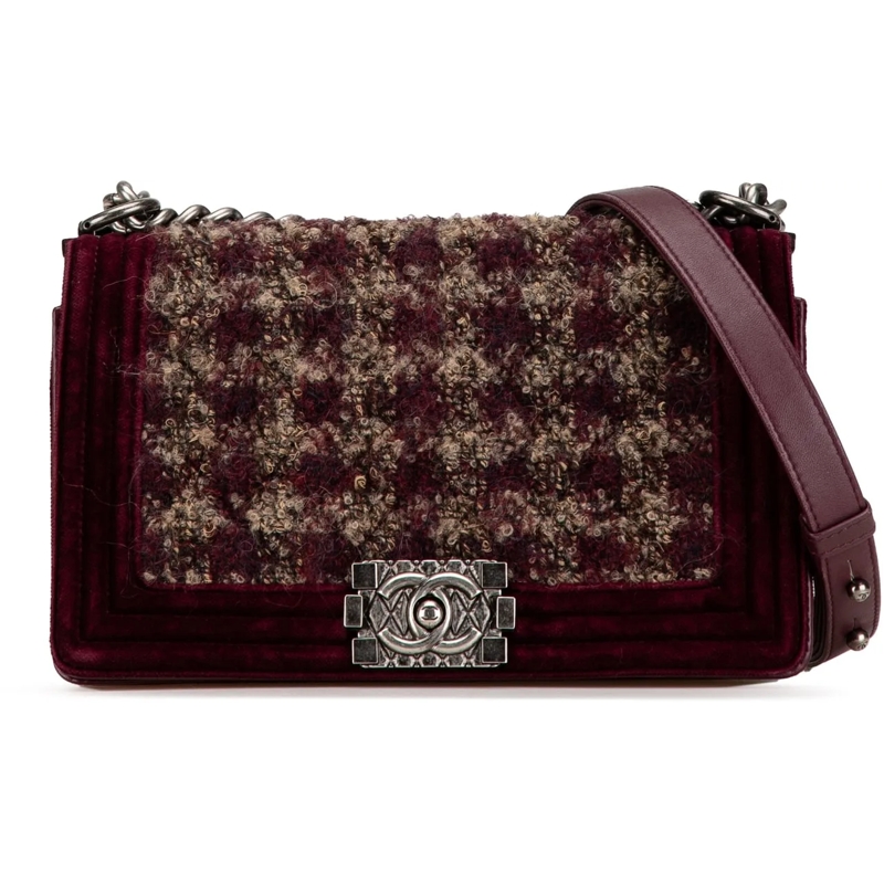 Chanel Schultertasche Old Medium Velvet and Tweed Boy Flap rot