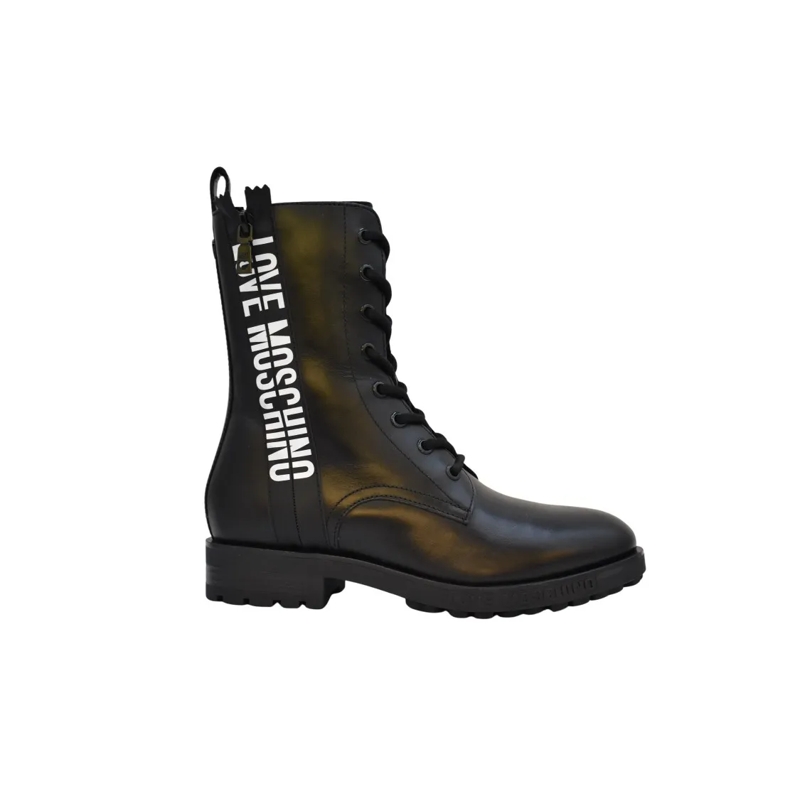 Moschino Laarzen Lace-Up Black Flat Boots With Sole Black