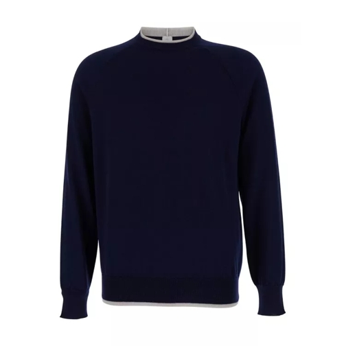 Eleventy Merino Crew Neck Double Bottom Double Neck Blue 