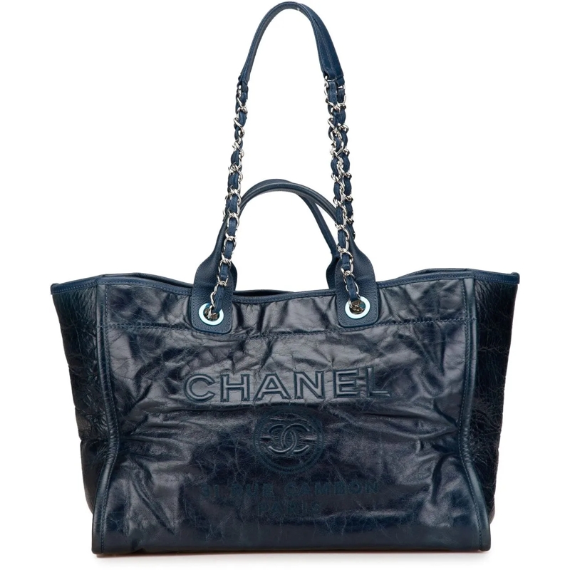Chanel Sac à provisions Medium Glazed Calfskin and Caviar Deauville Tote blau
