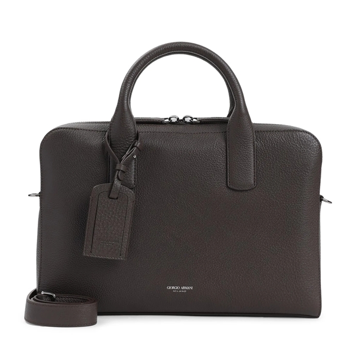 Giorgio Armani Briefcase Brow Grained Calf Leather Bag Brown 