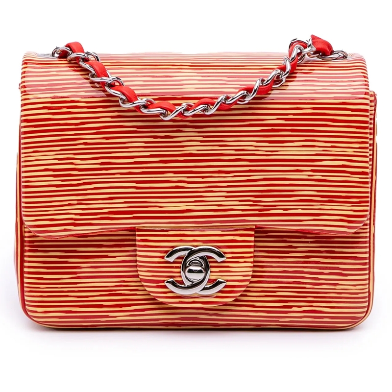 Chanel Sac à bandoulière Mini Square Classic Patent Striped Single Flap orange