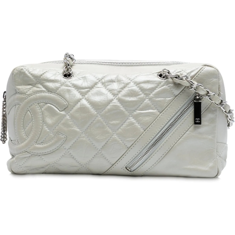 Chanel Sac à bandoulière Quilted Aged Calfskin Cotton Club Bowler Bag weiß