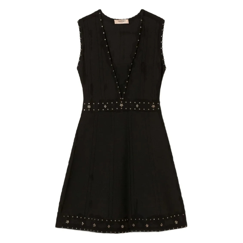 Twin-Set Mini-robe Sleeveless Mini Dress With Deep V-Neckline And Dec Black