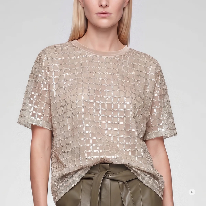 Marc Aurel Bluse Paillettenshirt- mit Reisverschluss und Samtband grau(Image 3)